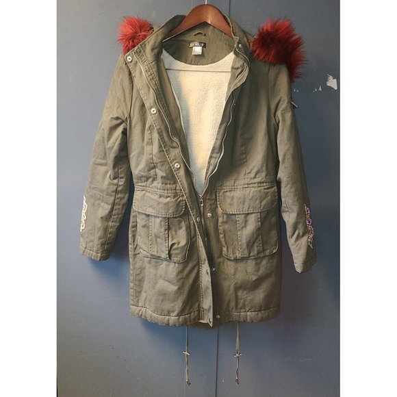 Venus Women's Hooded Winter Coat Sz 6 red Faux fur green military style Full zip - Picture 2 of 9